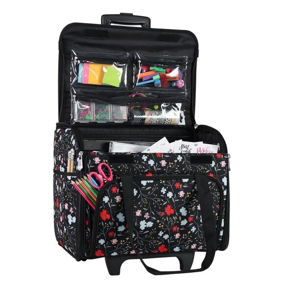 Rolling Sewing Craft Trolley Bag Black Floral Craft Organizer on Wheels New - Picture 5 of 9